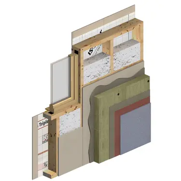 Holztafelbau-Außenwand mit Blaswolle und mineralischem WDVS